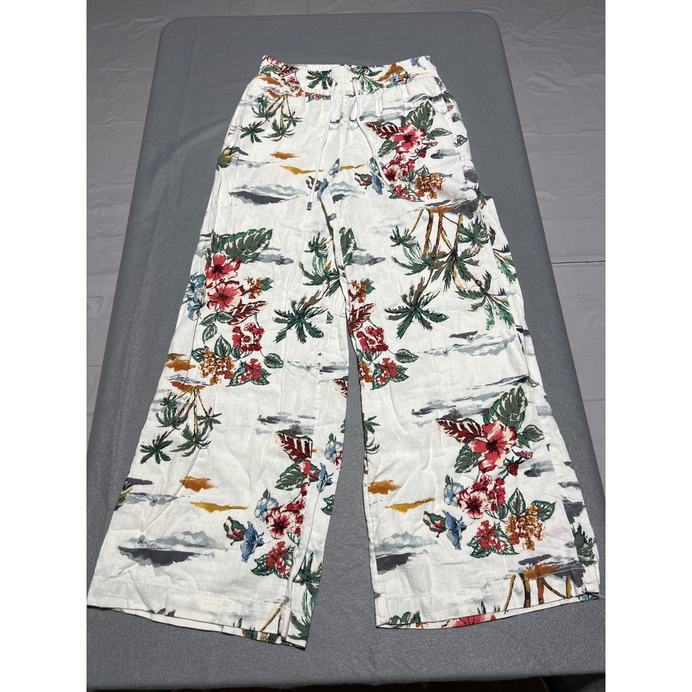 Linen Rayon Blend Womens XS Tropical Floral Wide Leg Pants White Smocked Waist